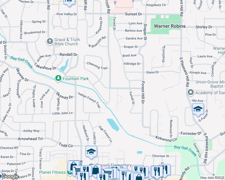 map of restaurants, bars, coffee shops, grocery stores, and more near 1200 Briarcliff Road in Warner Robins