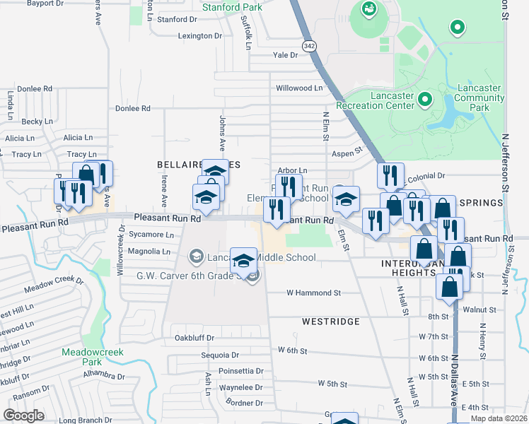 map of restaurants, bars, coffee shops, grocery stores, and more near 701 West Pleasant Run Road in Lancaster