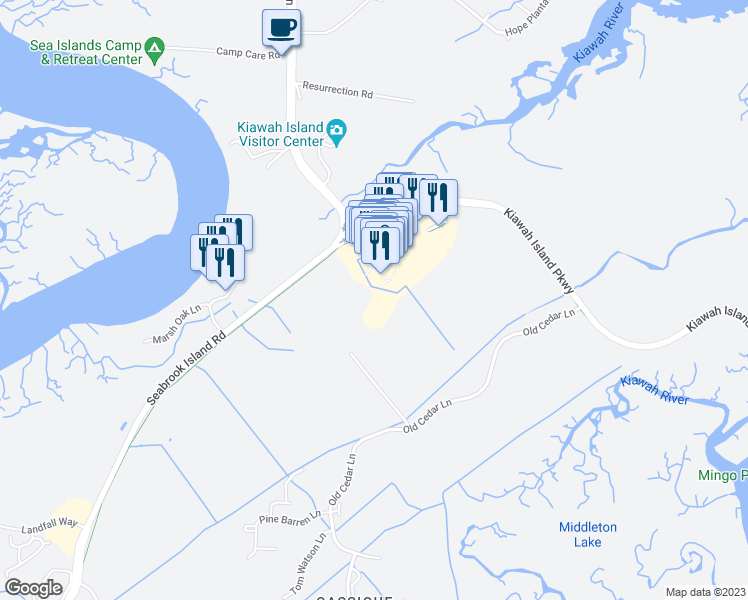 map of restaurants, bars, coffee shops, grocery stores, and more near 300 Farm Lake View Road in Johns Island