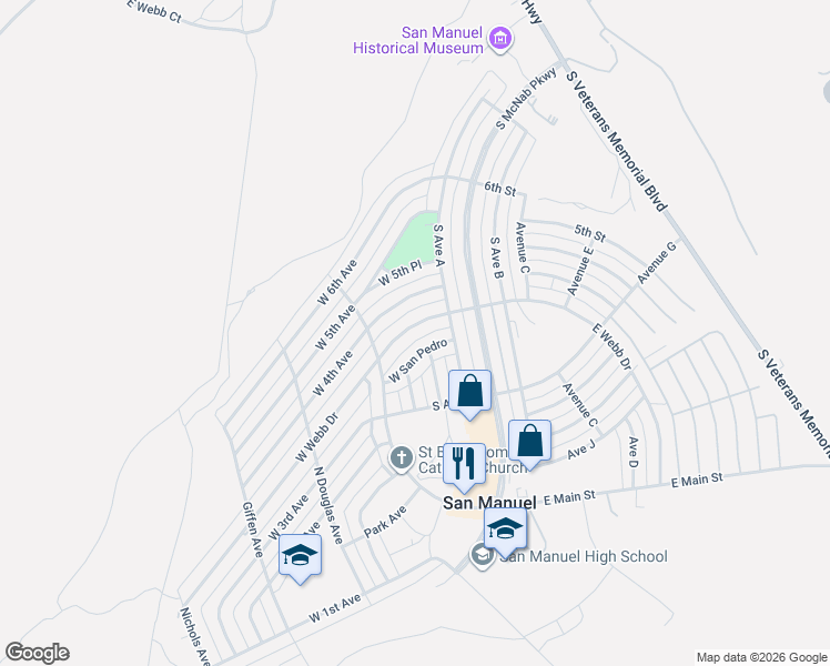 map of restaurants, bars, coffee shops, grocery stores, and more near 113 West Webb Drive in San Manuel