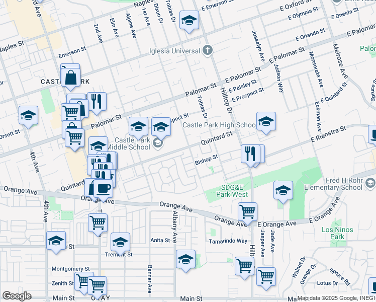 map of restaurants, bars, coffee shops, grocery stores, and more near 102 Quintard Street in Chula Vista