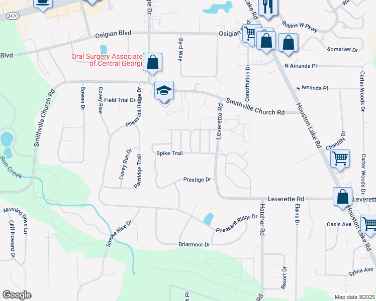 map of restaurants, bars, coffee shops, grocery stores, and more near 309 Deerfield Circle in Warner Robins