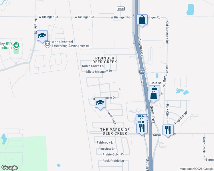 map of restaurants, bars, coffee shops, grocery stores, and more near 405 Autumn Park in Fort Worth