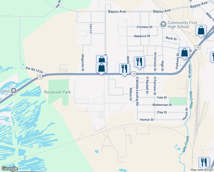 map of restaurants, bars, coffee shops, grocery stores, and more near 117 West Roosevelt Drive in Minden