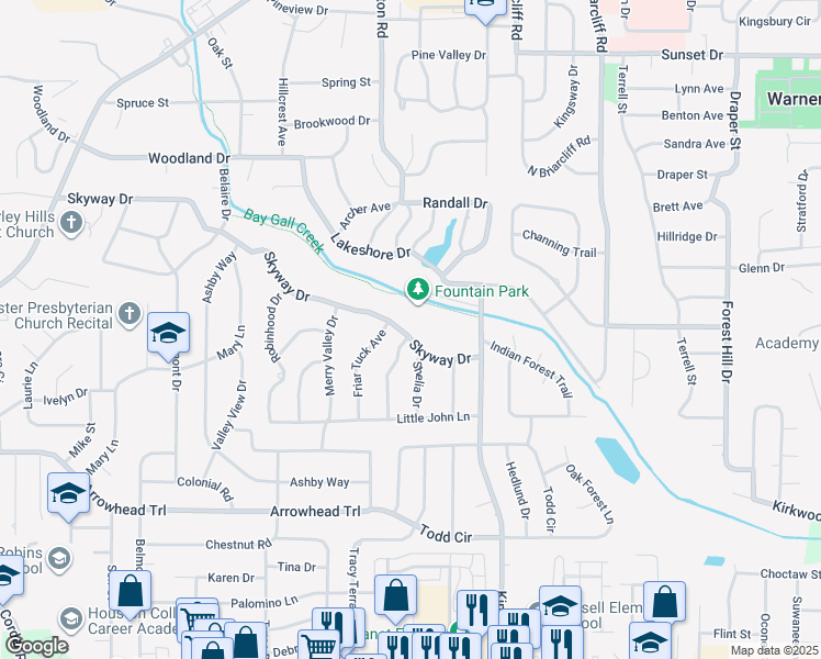 map of restaurants, bars, coffee shops, grocery stores, and more near 606 Skyway Drive in Warner Robins