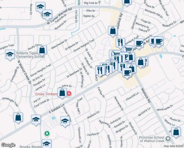 map of restaurants, bars, coffee shops, grocery stores, and more near 1202 Saint Maria Court in Mansfield
