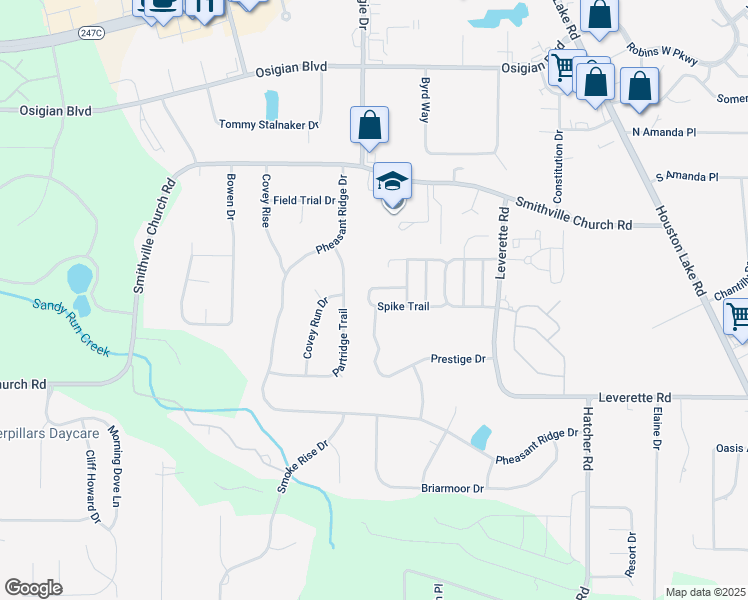 map of restaurants, bars, coffee shops, grocery stores, and more near 400 Spike Trail in Warner Robins