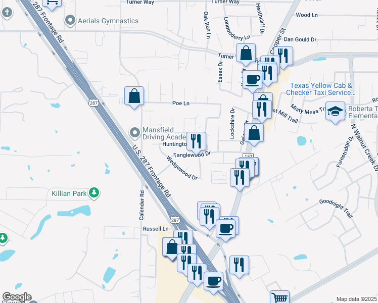 map of restaurants, bars, coffee shops, grocery stores, and more near 1101 Tanglewood Drive in Mansfield