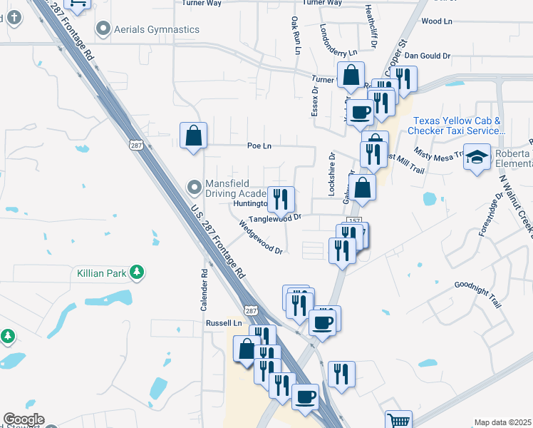 map of restaurants, bars, coffee shops, grocery stores, and more near 1101 Tanglewood Drive in Mansfield
