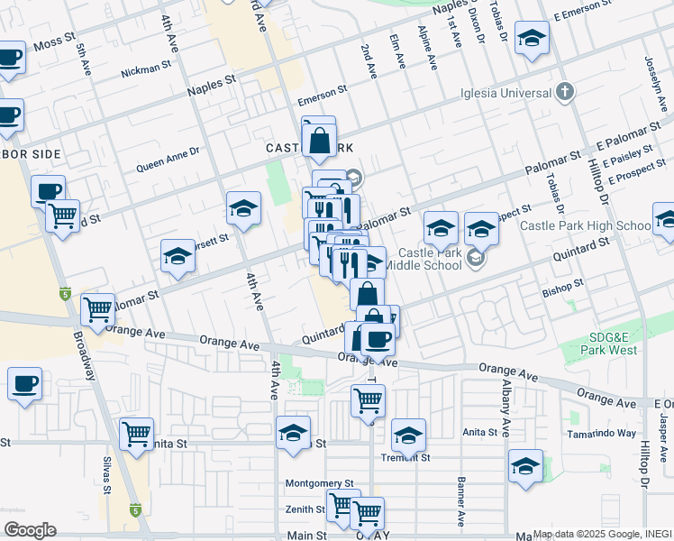 map of restaurants, bars, coffee shops, grocery stores, and more near 1328 3rd Avenue in Chula Vista