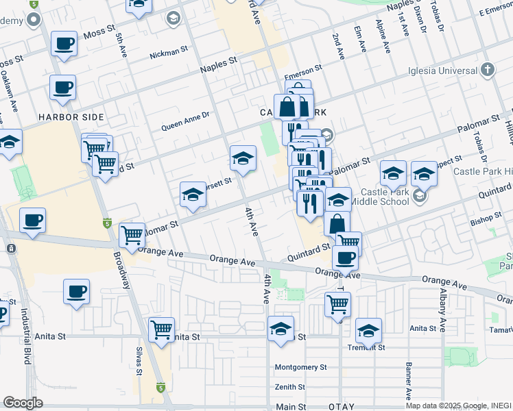 map of restaurants, bars, coffee shops, grocery stores, and more near 1304 4th Avenue in Chula Vista