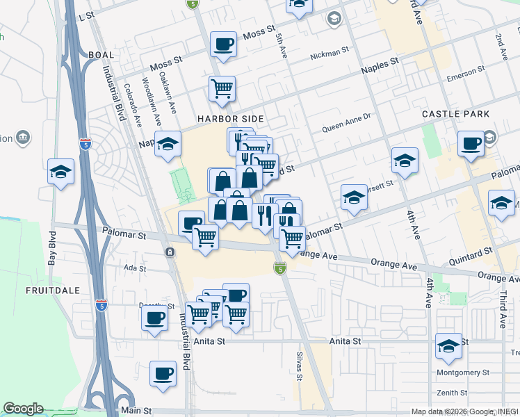 map of restaurants, bars, coffee shops, grocery stores, and more near 1225 Broadway in Chula Vista