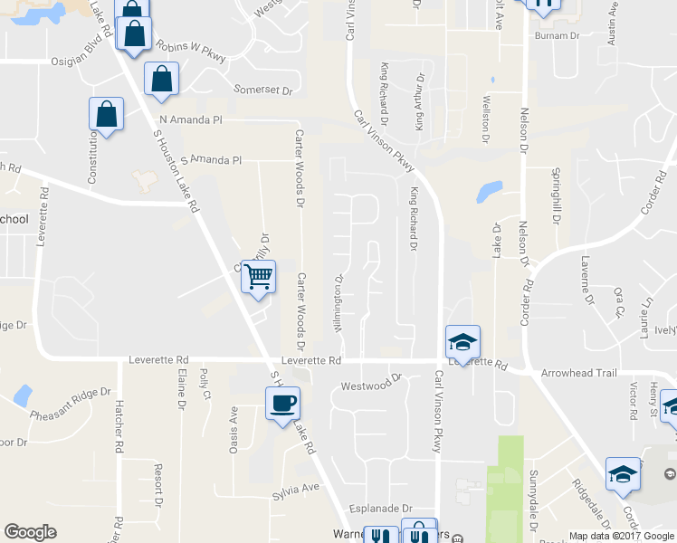 map of restaurants, bars, coffee shops, grocery stores, and more near 311 Wilmington Drive in Warner Robins