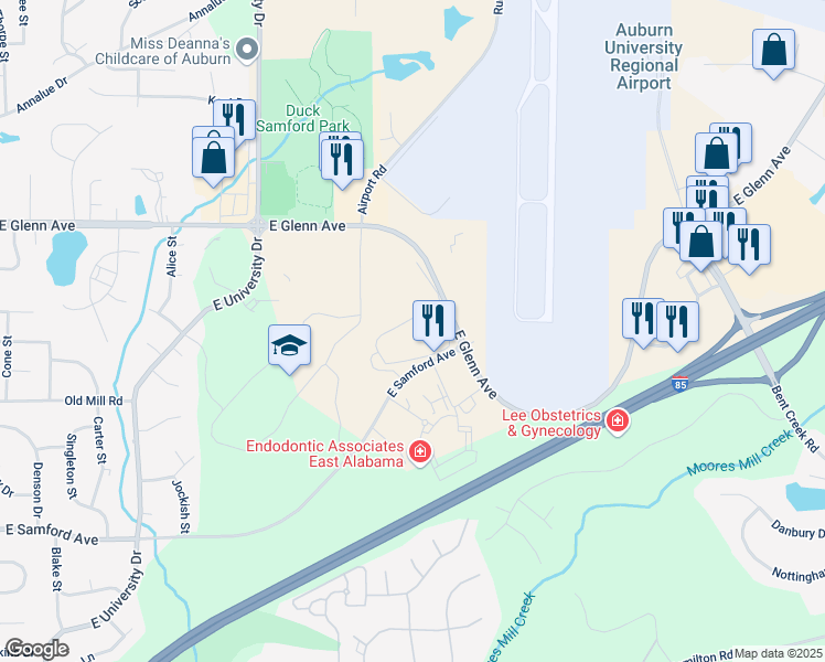 map of restaurants, bars, coffee shops, grocery stores, and more near 2001 East Samford Avenue in Auburn