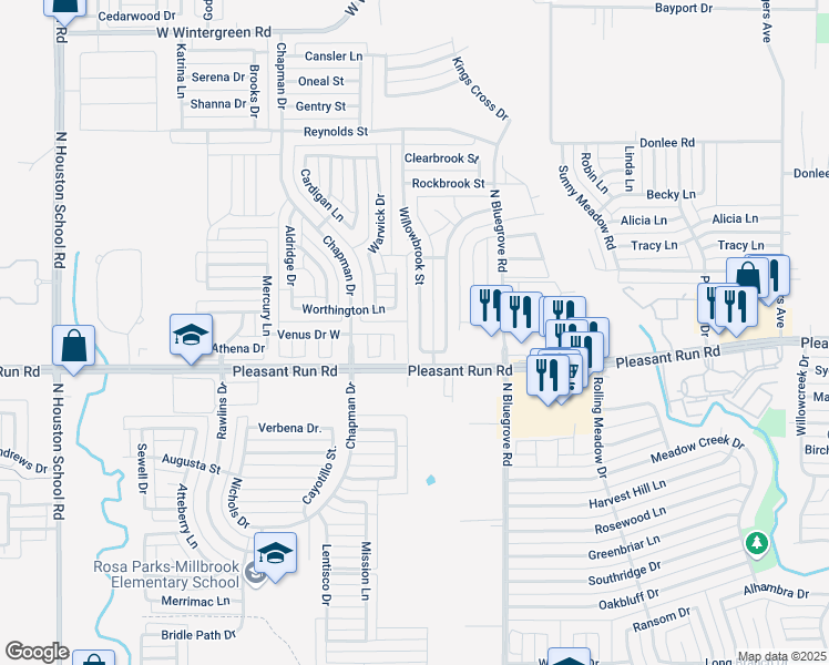 map of restaurants, bars, coffee shops, grocery stores, and more near 1315 Willowbrook Street in Lancaster