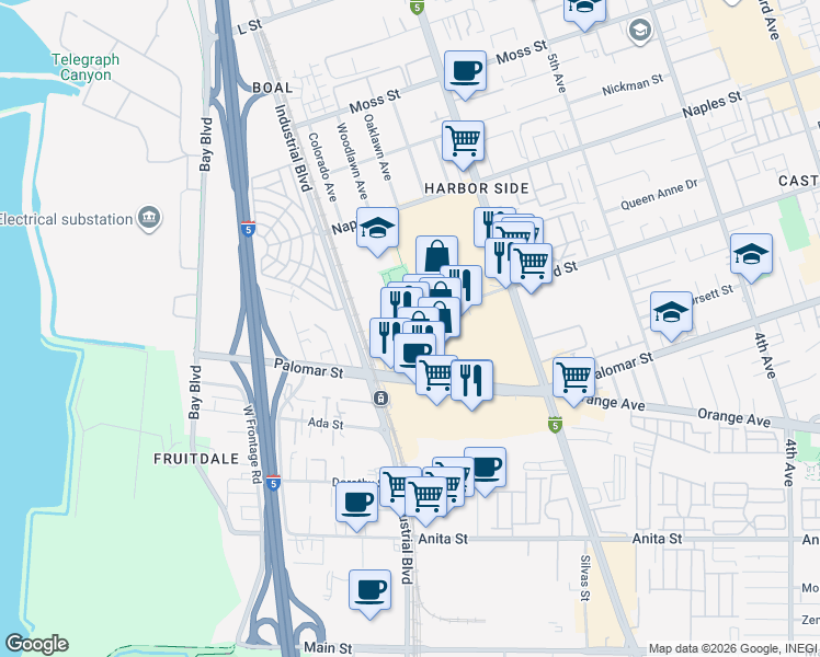 map of restaurants, bars, coffee shops, grocery stores, and more near 687 Oxford Street in Chula Vista