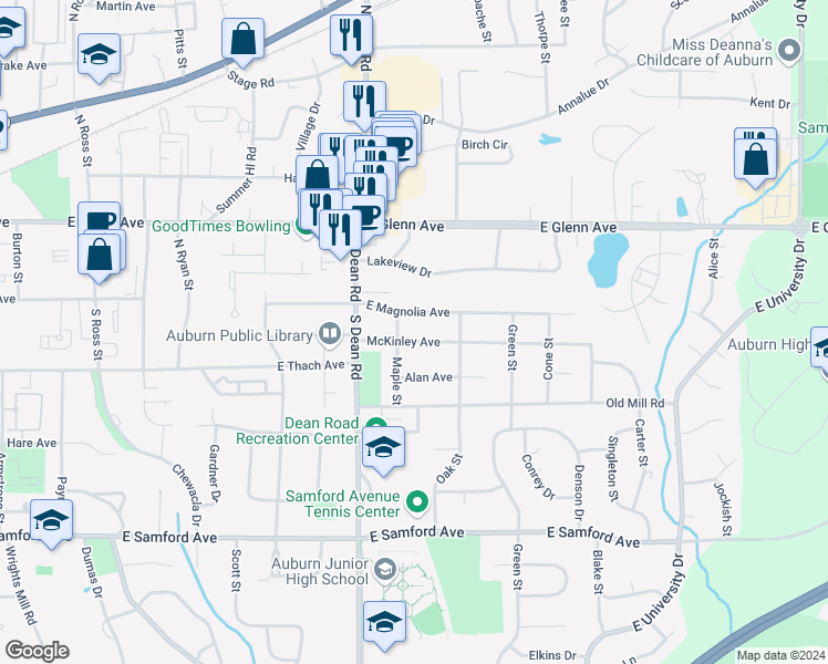 map of restaurants, bars, coffee shops, grocery stores, and more near 905 McKinley Avenue in Auburn