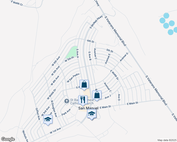 map of restaurants, bars, coffee shops, grocery stores, and more near 307 S McNab Pkwy in San Manuel