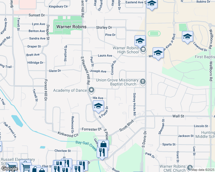map of restaurants, bars, coffee shops, grocery stores, and more near 200 Crestwood Terrace in Warner Robins