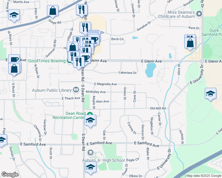 map of restaurants, bars, coffee shops, grocery stores, and more near 106 Oak Street in Auburn
