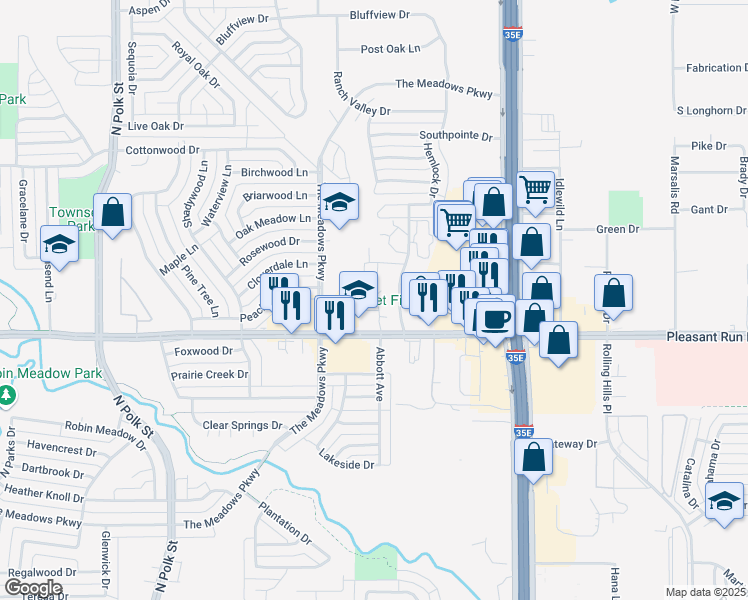 map of restaurants, bars, coffee shops, grocery stores, and more near 1201 East Pleasant Run Road in DeSoto