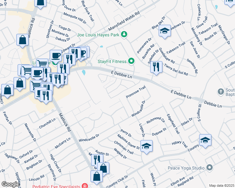map of restaurants, bars, coffee shops, grocery stores, and more near 2807 Esplanade Boulevard in Mansfield