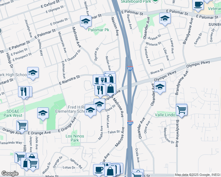 map of restaurants, bars, coffee shops, grocery stores, and more near 1475 Melrose Avenue in Chula Vista