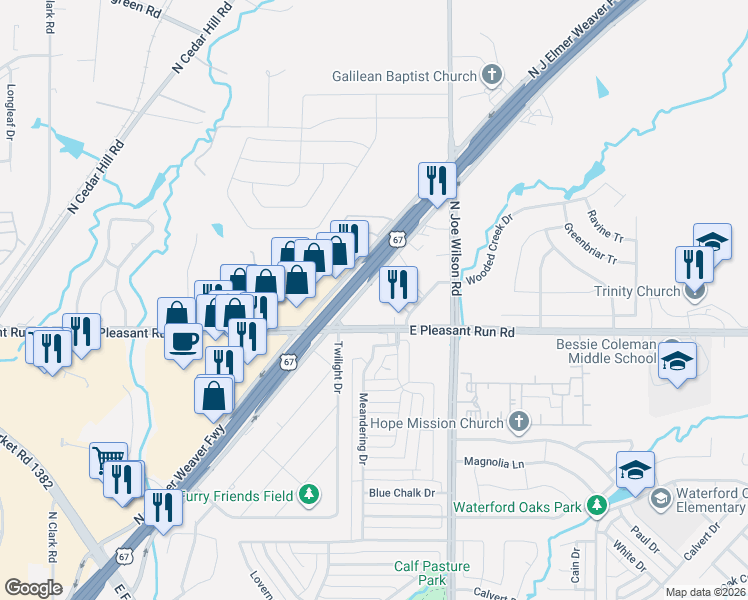 map of restaurants, bars, coffee shops, grocery stores, and more near 956 North Highway 67 in Cedar Hill