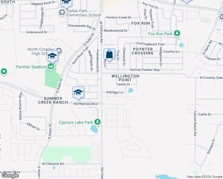 map of restaurants, bars, coffee shops, grocery stores, and more near 9405 Aldridge Court in Crowley
