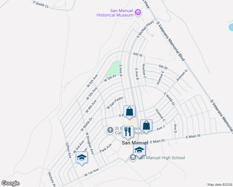 map of restaurants, bars, coffee shops, grocery stores, and more near 109 West Webb Drive in San Manuel