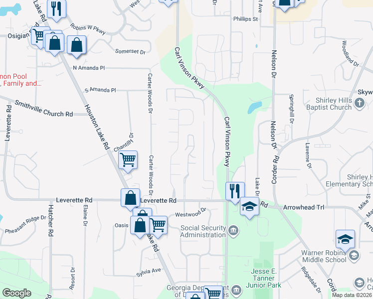 map of restaurants, bars, coffee shops, grocery stores, and more near 113 Landings Drive in Warner Robins