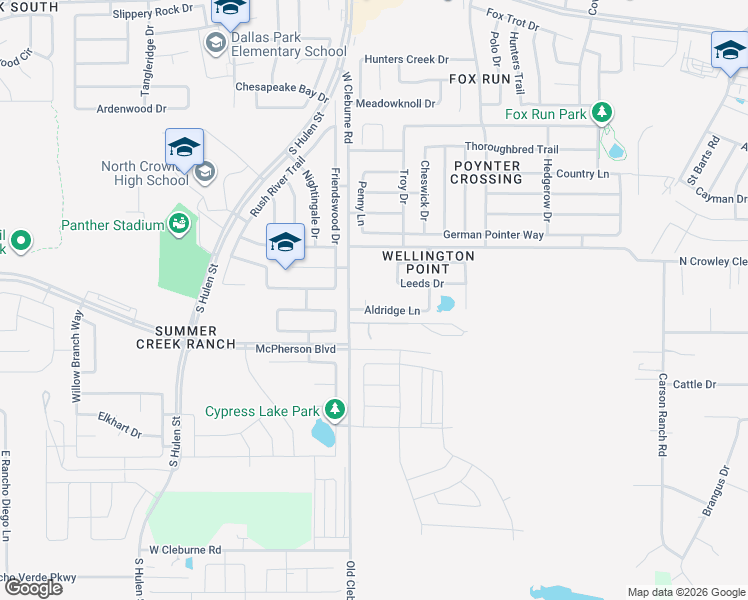 map of restaurants, bars, coffee shops, grocery stores, and more near 9405 Aldridge Court in Crowley