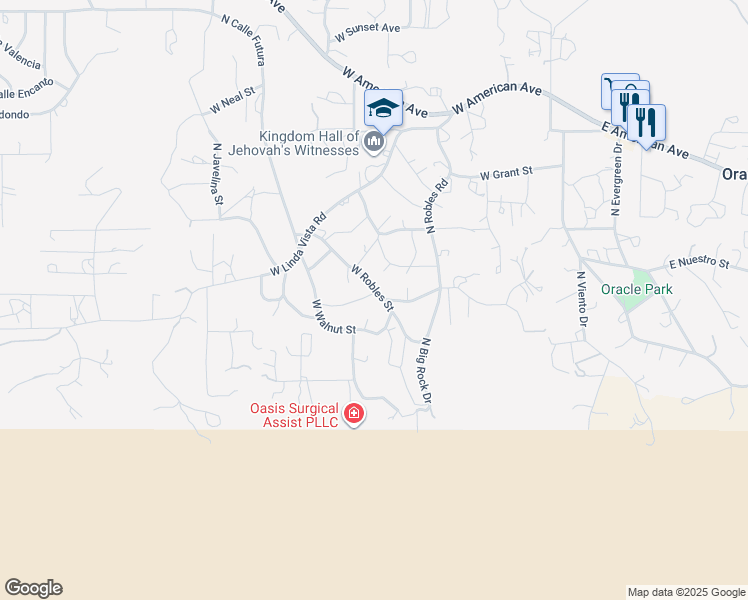 map of restaurants, bars, coffee shops, grocery stores, and more near 675 West Robles Street in Oracle