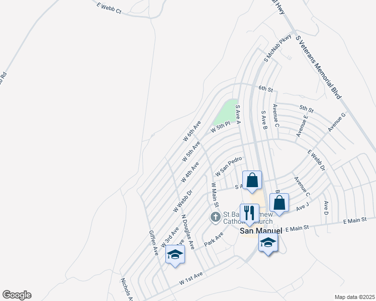 map of restaurants, bars, coffee shops, grocery stores, and more near 612 West 5th Avenue in San Manuel