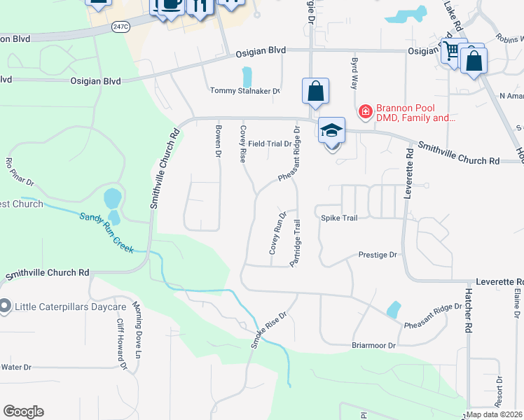 map of restaurants, bars, coffee shops, grocery stores, and more near 303 Pheasant Ridge Drive in Warner Robins