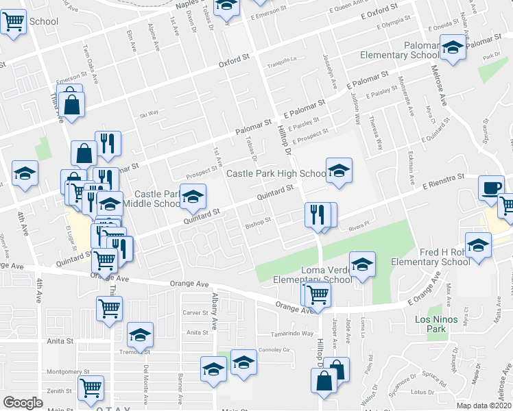 map of restaurants, bars, coffee shops, grocery stores, and more near 66 Quintard Street in Chula Vista