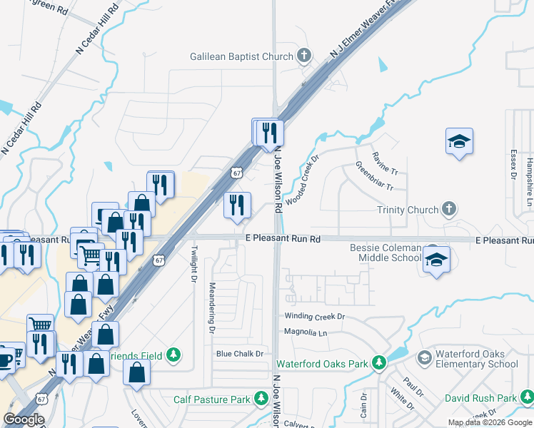 map of restaurants, bars, coffee shops, grocery stores, and more near 917 North Joe Wilson Road in Cedar Hill