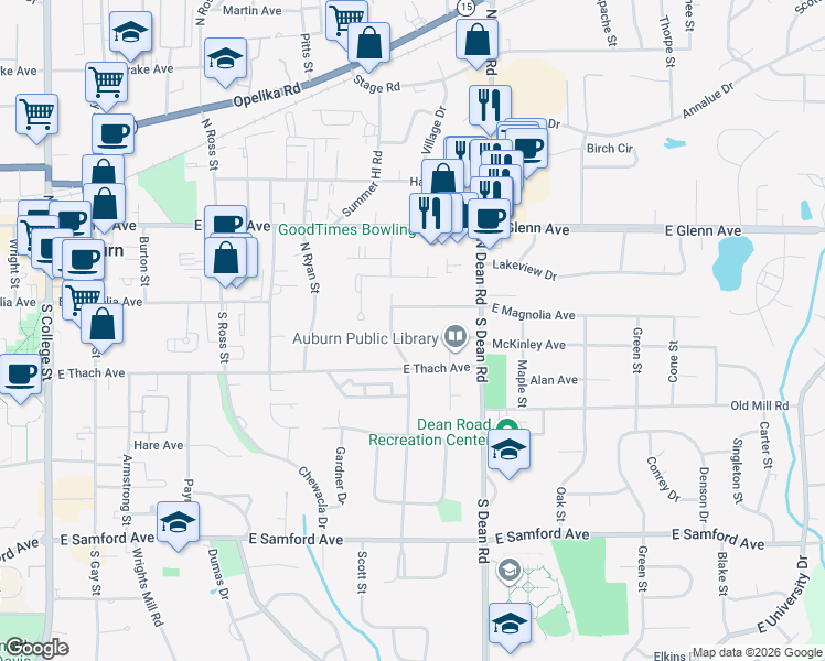 map of restaurants, bars, coffee shops, grocery stores, and more near 735 McKinley Avenue in Auburn