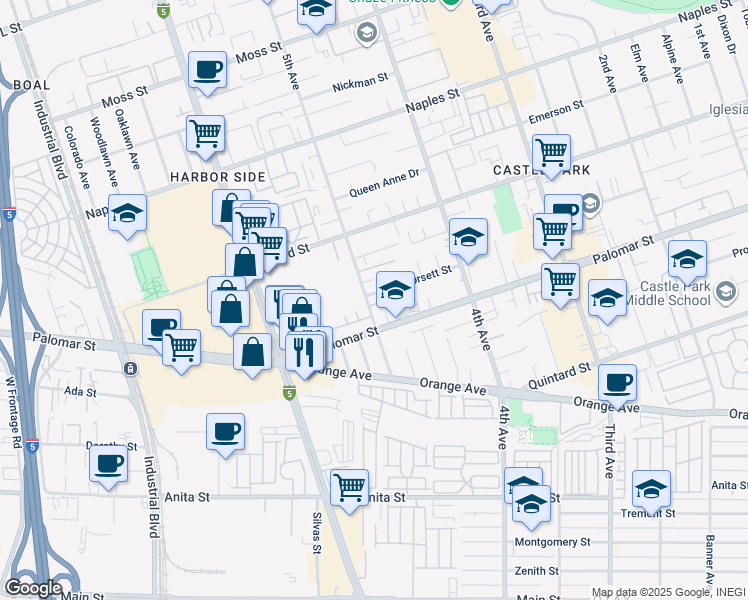 map of restaurants, bars, coffee shops, grocery stores, and more near 487 Orsett Street in Chula Vista