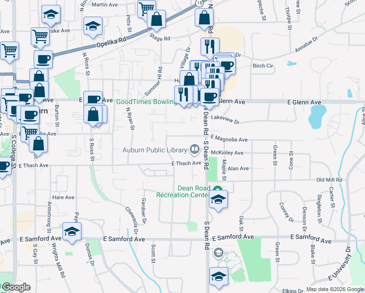 map of restaurants, bars, coffee shops, grocery stores, and more near 735 McKinley Avenue in Auburn