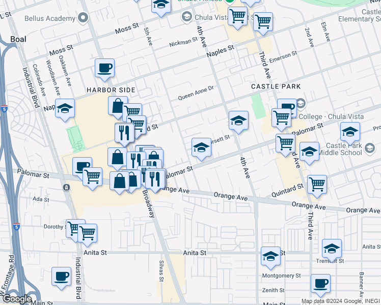 map of restaurants, bars, coffee shops, grocery stores, and more near 487 Orsett Street in Chula Vista
