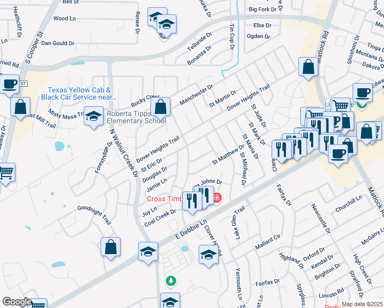 map of restaurants, bars, coffee shops, grocery stores, and more near 2904 Rocky Creek Dr in Mansfield