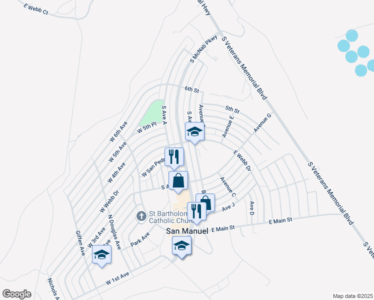 map of restaurants, bars, coffee shops, grocery stores, and more near 307 South McNab Parkway in San Manuel