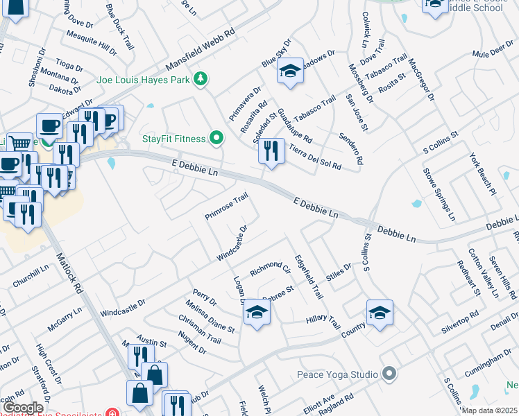 map of restaurants, bars, coffee shops, grocery stores, and more near 2702 Pyramid Lane in Mansfield