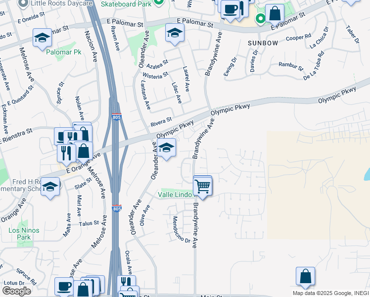 map of restaurants, bars, coffee shops, grocery stores, and more near 1539 Sonora Drive in Chula Vista