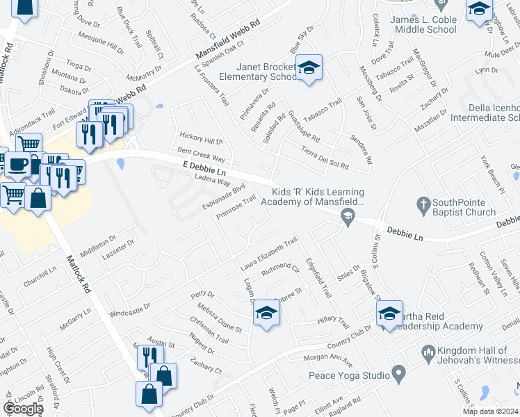 map of restaurants, bars, coffee shops, grocery stores, and more near 2705 Pyramid Lane in Mansfield