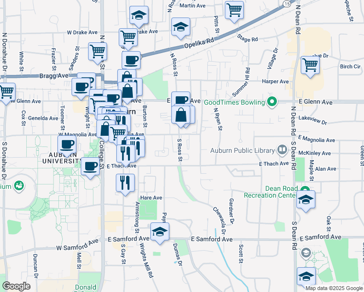 map of restaurants, bars, coffee shops, grocery stores, and more near 121 South Ross Street in Auburn