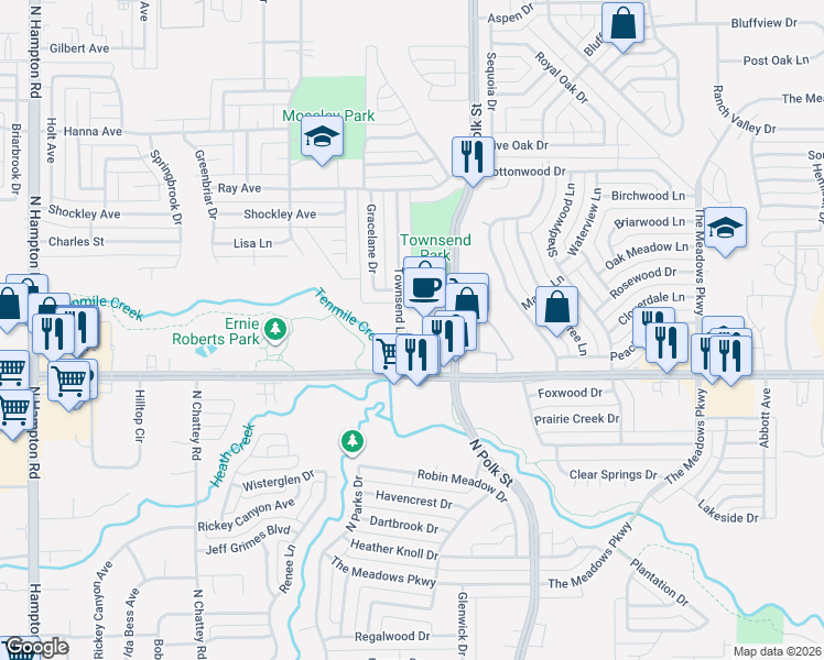 map of restaurants, bars, coffee shops, grocery stores, and more near 983 Townsend Lane in DeSoto