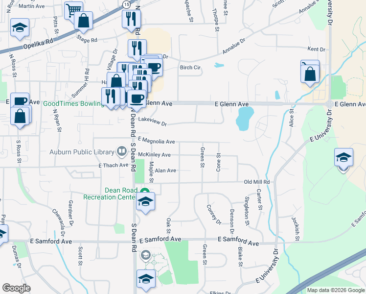 map of restaurants, bars, coffee shops, grocery stores, and more near 106 Oak Street in Auburn