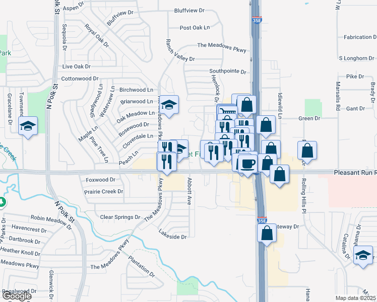 map of restaurants, bars, coffee shops, grocery stores, and more near 1225 East Pleasant Run Road in DeSoto